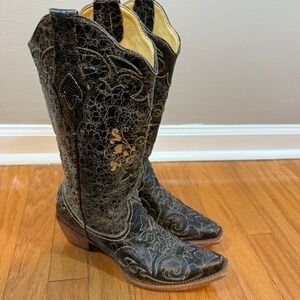 Corral Western Boots Women's Black Embroidered Leather Square Toe Cowgirl Boots